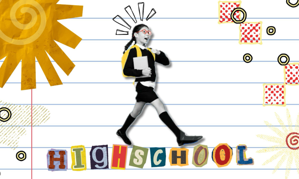 Collage of a girl walking confidently with a backpack and papers. Sun in the upper left corner, the letters of high school spelled out beneath her.