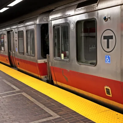 Red line train pulling up to a station