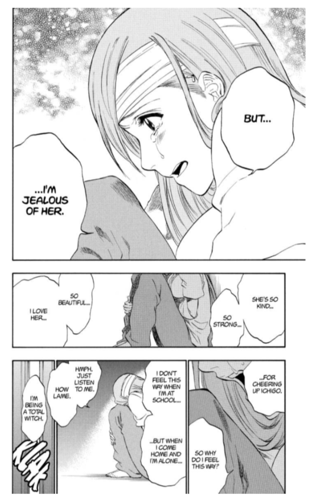Black and white manga panels showing a female human character hunched on the floor, crying and monologing internally. Text reads: "...For cheering up Ichigo. So why do I feel this way? I don't feel this way when I'm at school... But when I come home and I'm alone... Hmph just listen to me. How lame. I'm being a total witch. She's so kind, so strong, so beautiful, I love her. But... I'm jealous of her."