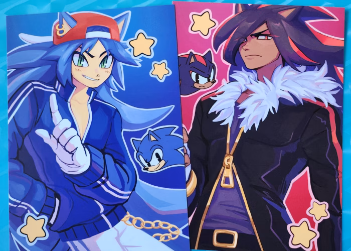 Artist renditions of Sonic and Shadow as they might appear as human characters in a manga.
