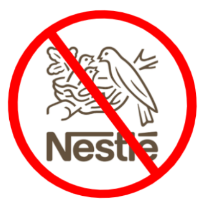 A red no symbol superimposed onto the Nestle logo.